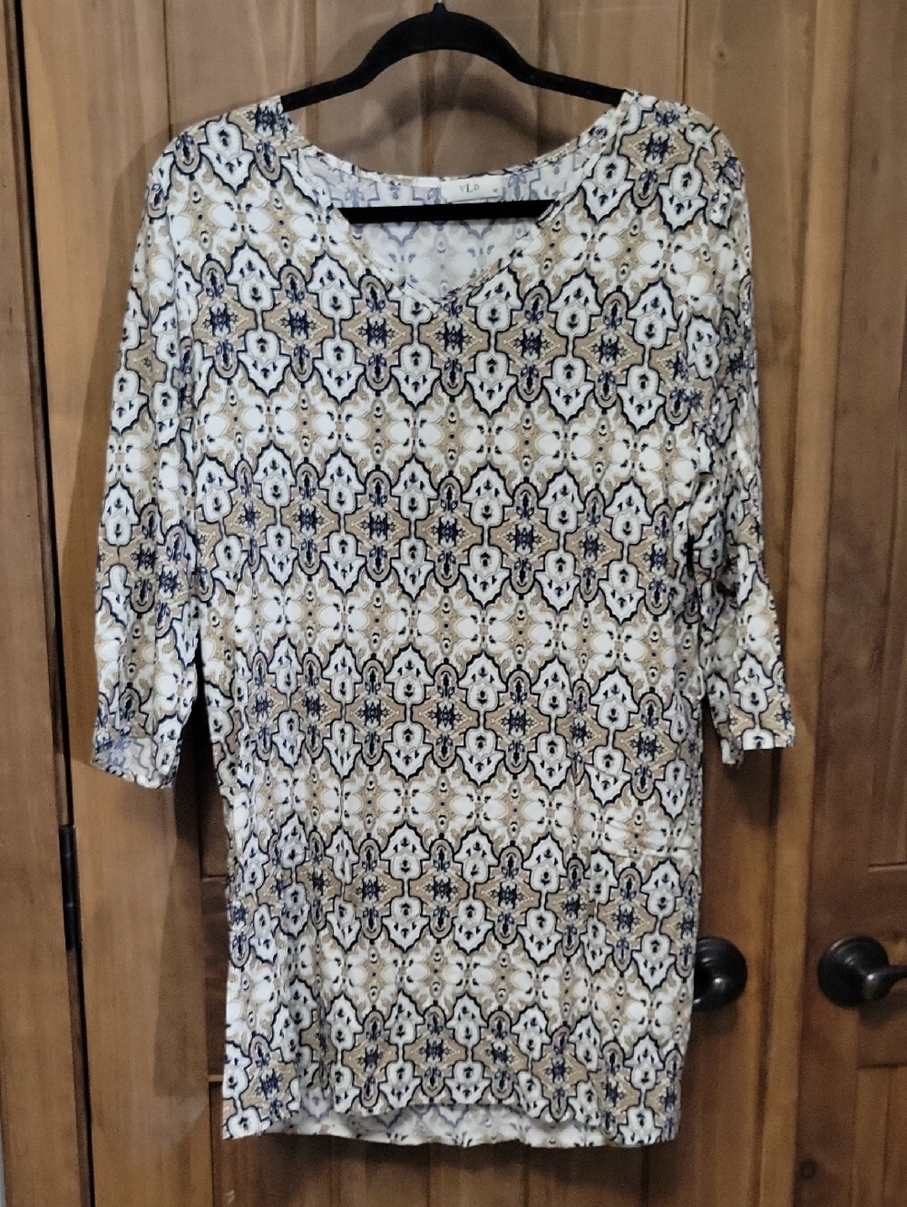 Women's Patterned 3/4 Sleeve Tunic Top - White & Tan